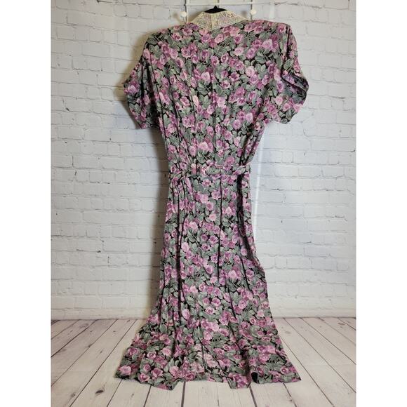 Vintage Jamie Floral Dress Midi Pleated Belt Zipper Shoulder Pads Lace Womens 9 - Picture 2 of 6